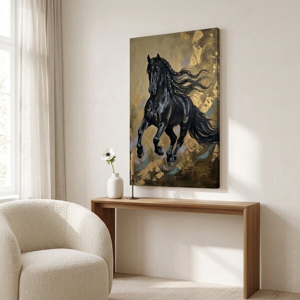 Obraz černého koně v cvalu na plátně – s ručně malovanými detaily - 40x60 cm