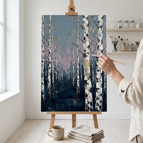 Obraz březový les na plátně – s ručně malovanými detaily - 40x60 cm