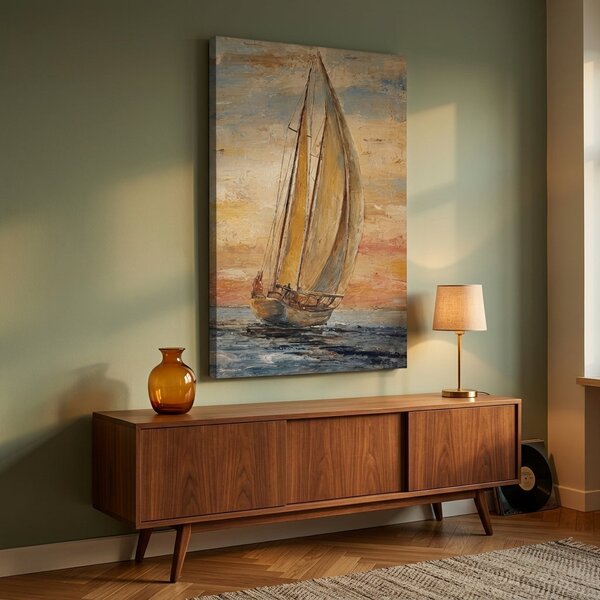 Obraz plachetnice na moři při západu slunce na plátně – s ručně malovanými detaily - 40x60 cm
