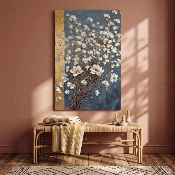 Obraz abstraktní kytice bílých květů na plátně – s ručně malovanými detaily - 40x60 cm