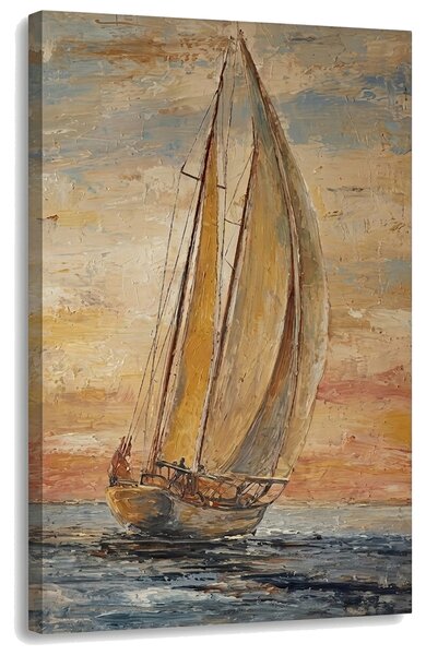 Obraz plachetnice na moři při západu slunce na plátně – s ručně malovanými detaily - 40x60 cm