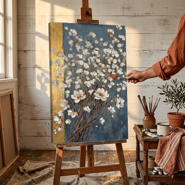 Obraz abstraktní kytice bílých květů na plátně – s ručně malovanými detaily - 40x60 cm
