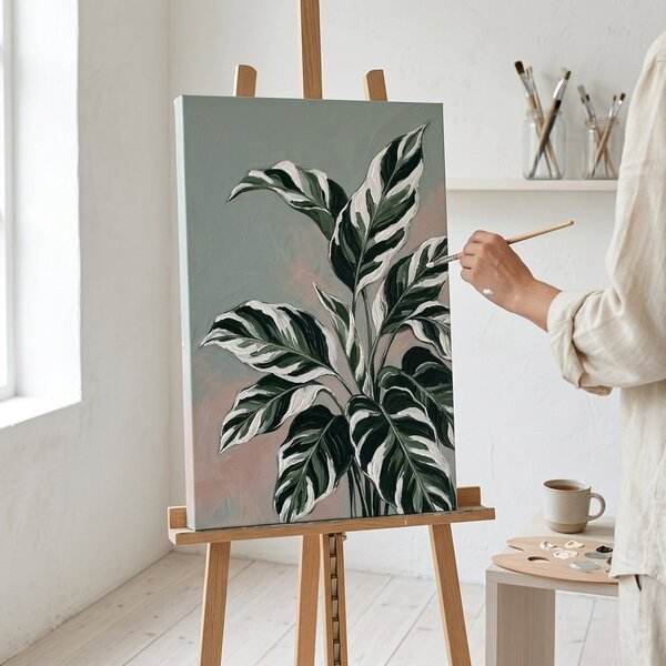 Obraz s listy tropické rostliny na plátně – s ručně malovanými detaily - 40x60 cm