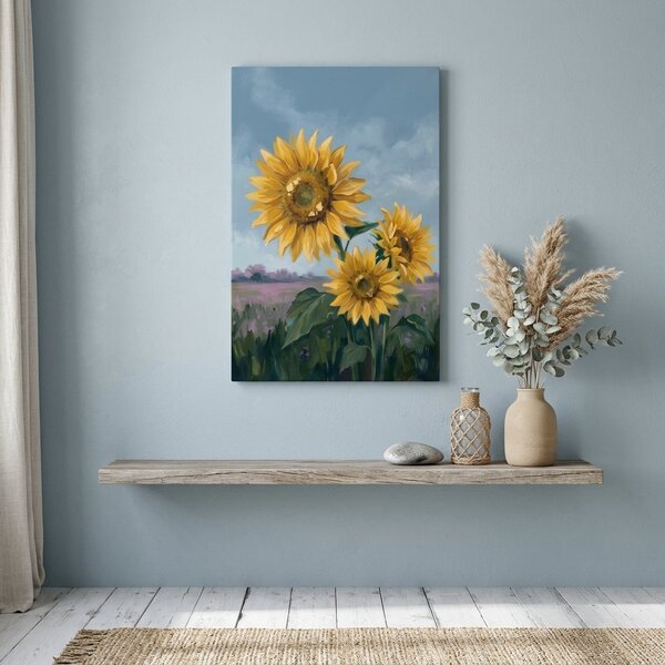 Obraz tři slunečnice na poli na plátně – s ručně malovanými detaily - 40x60 cm