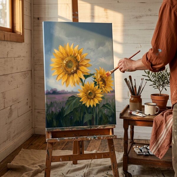 Obraz tři slunečnice na poli na plátně – s ručně malovanými detaily - 40x60 cm