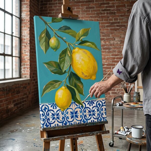 Obraz s motivem citronů na plátně – s ručně malovanými detaily - 40x60 cm