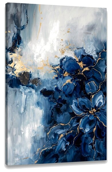 Obraz abstraktní kompozice s modrými vlnami na plátně – s ručně malovanými detaily - 40x60 cm