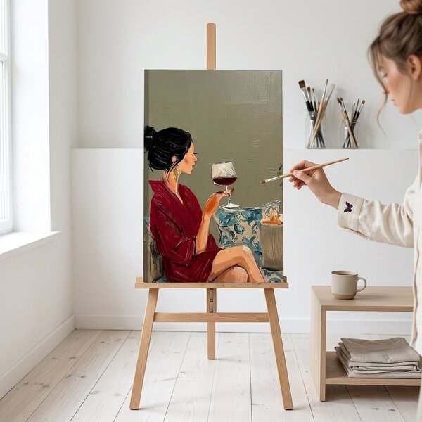 Obraz ženy s vínem na plátně – s ručně malovanými detaily - 40x60 cm