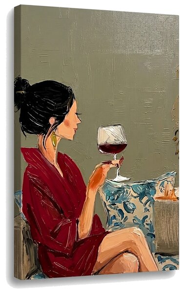Obraz ženy s vínem na plátně – s ručně malovanými detaily - 40x60 cm