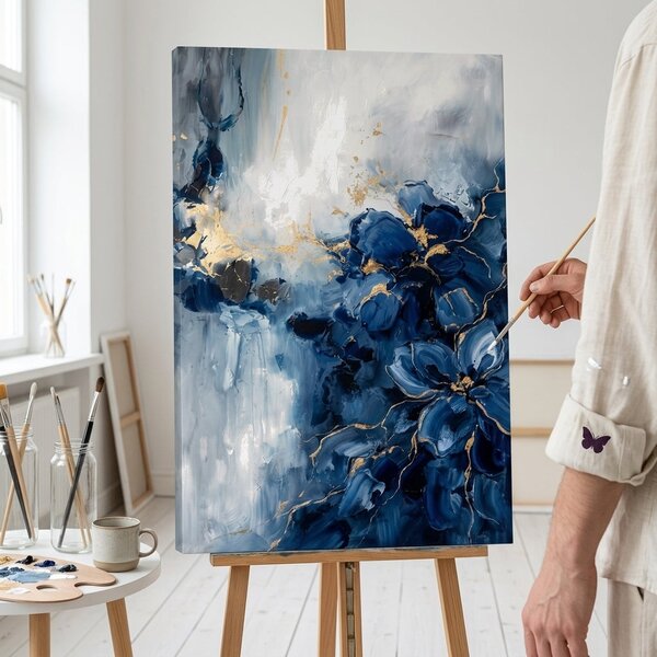 Obraz abstraktní kompozice s modrými vlnami na plátně – s ručně malovanými detaily - 40x60 cm