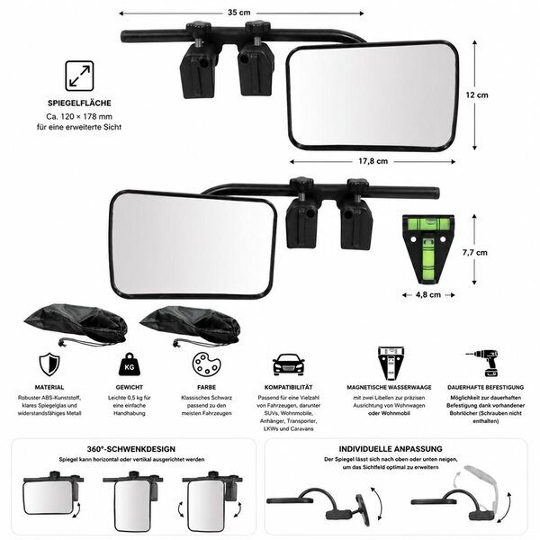 Zrcadlo pro karavan Mucola 120×180 mm univerzální přídavné zrcadlo 2 přídavná zrcadla