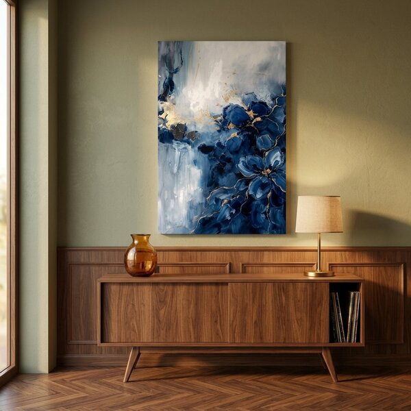 Obraz abstraktní kompozice s modrými vlnami na plátně – s ručně malovanými detaily - 40x60 cm