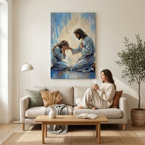 Obraz Ježíš utěšující ženu na plátně – s ručně malovanými detaily - 40x60 cm