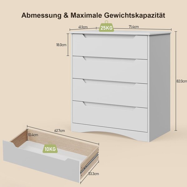 Komoda - se 4 zásuvkami - 71,4 x 41,1 x 82,0 cm - Bílá - Do ložnice a obývacího pokoje