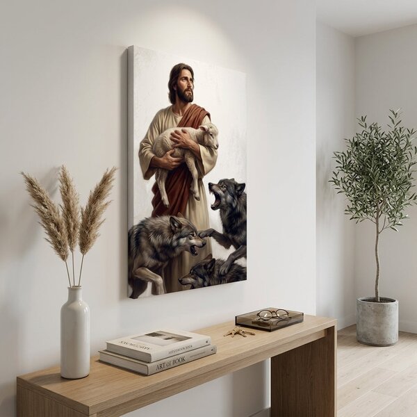 Moderný obraz Ježiš Kristus chrániaci jahniatko pred vlkmi na plátne - 40x60 cm
