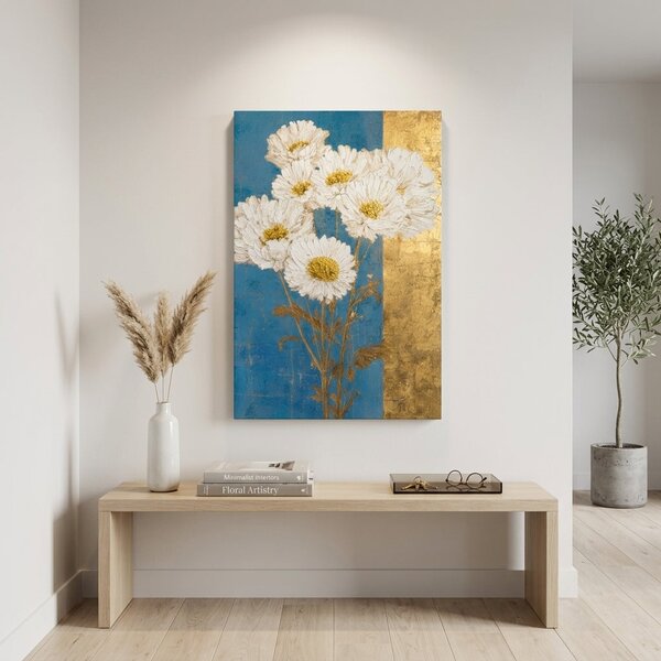 Obraz kytice bílých kopretin na plátně – s ručně malovanými detaily - 40x60 cm