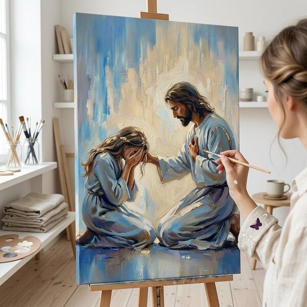 Obraz Ježíš utěšující ženu na plátně – s ručně malovanými detaily - 40x60 cm