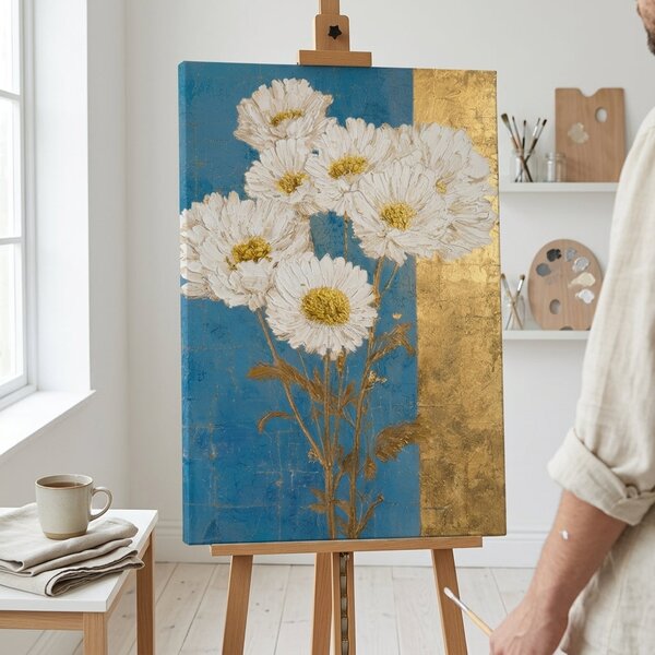 Obraz kytice bílých kopretin na plátně – s ručně malovanými detaily - 40x60 cm
