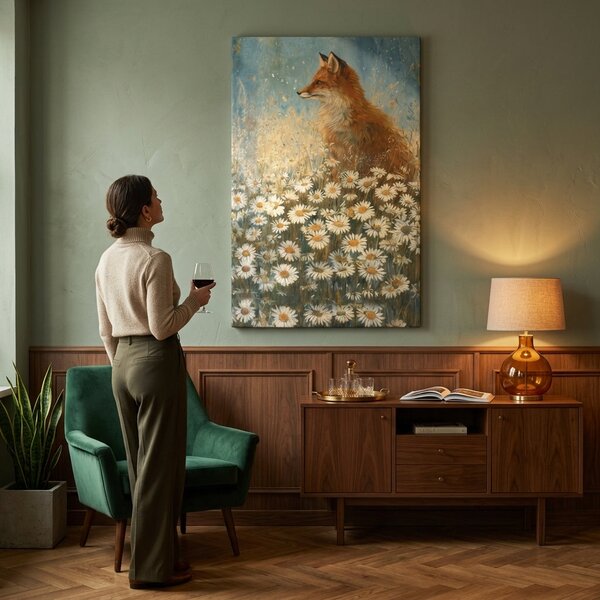 Obraz lišky v poli kopretin na plátně – s ručně malovanými detaily - 40x60 cm