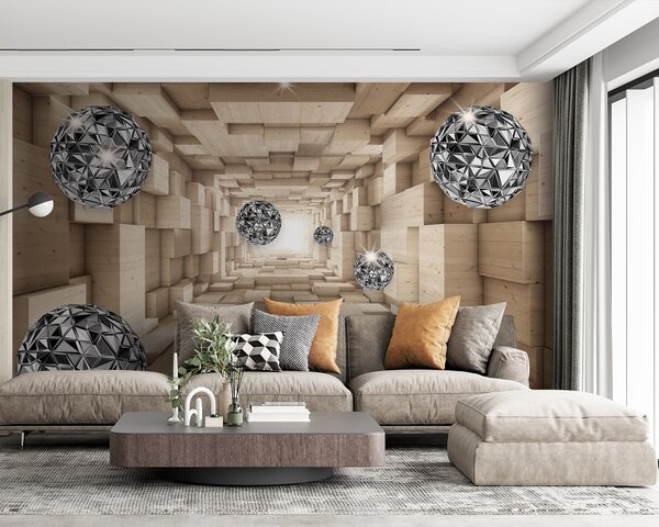 Fototapeta Pokoj se dřevěnými a stříbrnými koulemi, 3D fototapety, Populární fototapety, u93711 - Tapeko.co.cz