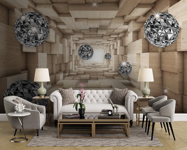 Fototapeta Pokoj se dřevěnými a stříbrnými koulemi, 3D fototapety, Populární fototapety, u93711 - Tapeko.co.cz