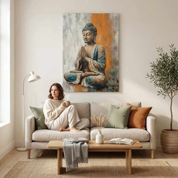 Obraz Buddhy v meditační póze na plátně – s ručně malovanými detaily - 40x60 cm