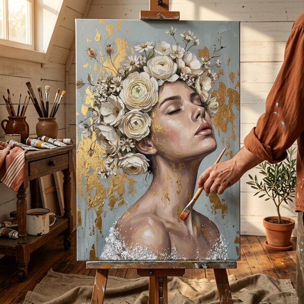 Obraz ženy s květinovou korunou na plátně – s ručně malovanými detaily - 40x60 cm