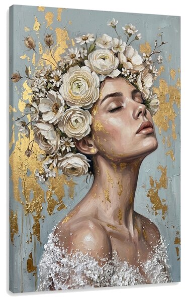 Obraz ženy s květinovou korunou na plátně – s ručně malovanými detaily - 40x60 cm