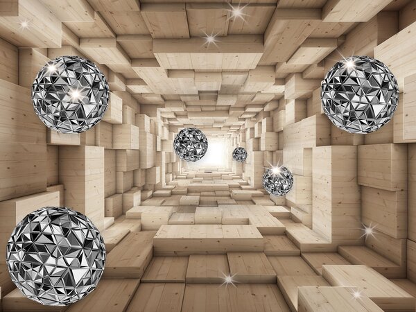 Fototapeta Pokoj se dřevěnými a stříbrnými koulemi, 3D fototapety, Populární fototapety, u93711 - Tapeko.co.cz