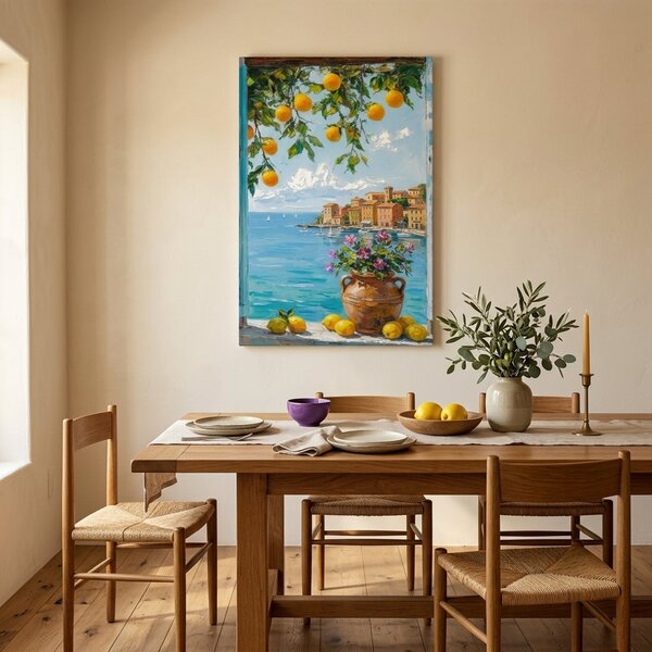 Obraz výhled na středomořské pobřeží s citrony na plátně – s ručně malovanými detaily - 40x60 cm