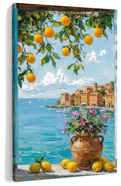 Obraz výhled na středomořské pobřeží s citrony na plátně – s ručně malovanými detaily - 40x60 cm