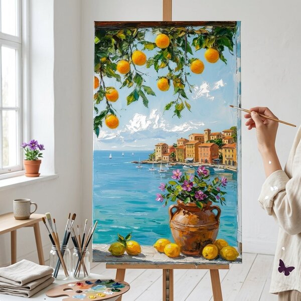 Obraz výhled na středomořské pobřeží s citrony na plátně – s ručně malovanými detaily - 40x60 cm