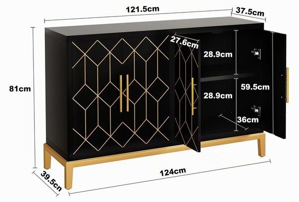 Skříňka kuchyňská skříň komoda - 4dveřová - 124 x 81 x 39,5 cm - Černá se zlatem - Nastavitelná police