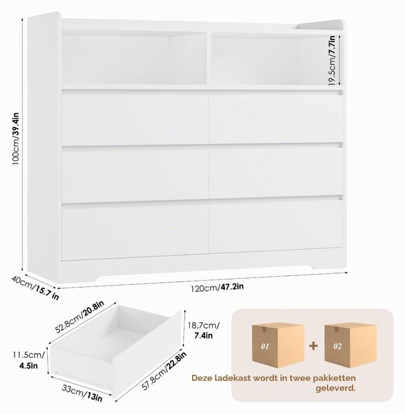 Komoda se 6 zásuvkami - 120 cm - Bílá - Dvě police - Dresser a komoda do ložnice