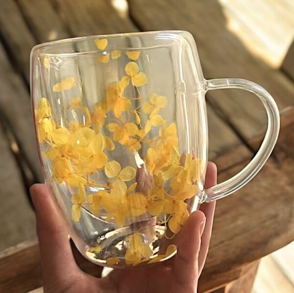 JAKS Dvoustěnná termo sklenice s květy uvnitř 300 ml Yelly