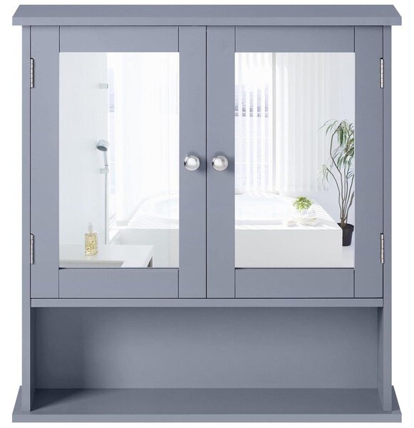 Koupelnová skříňka se zrcadlem - 56,1 x 13 x 58 cm - Šedá - Se dvěma zrcadlovými dvířky a otevřenou přihrádkou