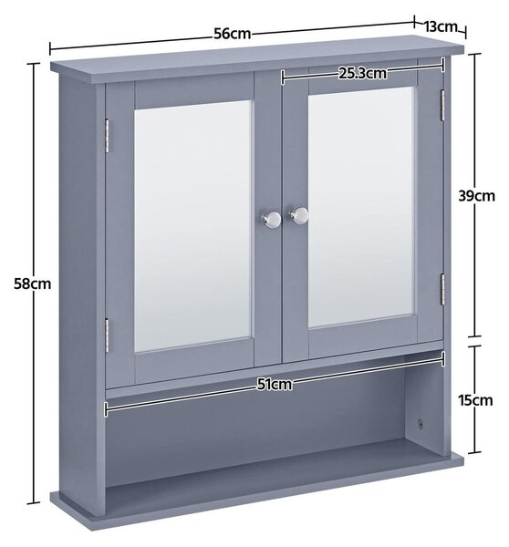 Koupelnová skříňka se zrcadlem - 56,1 x 13 x 58 cm - Šedá - Se dvěma zrcadlovými dvířky a otevřenou přihrádkou