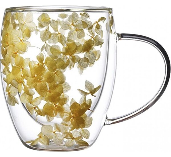 JAKS Dvoustěnná termo sklenice s květy uvnitř 300 ml Yelly