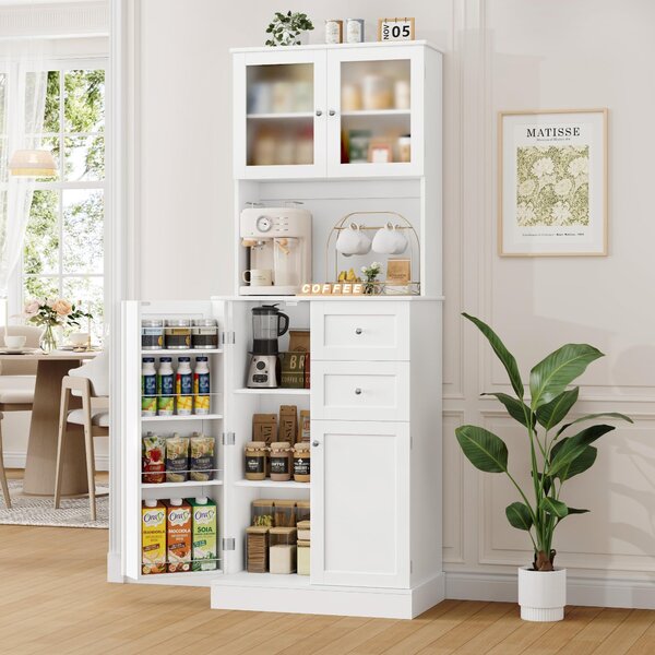 Vysoká kuchyňská skříň buffet - 182,5 cm - Bílá - 2 skleněné dveře - 2 zásuvky
