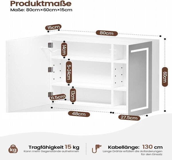 Koupelnové zrcadlo s osvětlením - LED osvětlení - Zásuvka - 80 x 60 x 15 cm