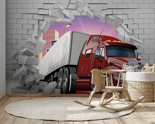 Fototapeta Nákladní auto prorážející cihlovou zeď, Dětské fototapety, Populární fototapety, u93974 - Tapeko.co.cz