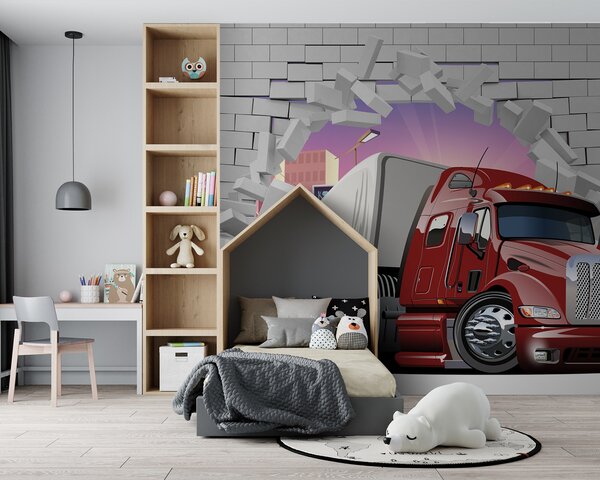 Fototapeta Nákladní auto prorážející cihlovou zeď, Dětské fototapety, Populární fototapety, u93974 - Tapeko.co.cz