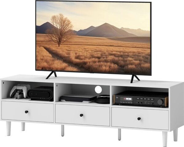 Moonbite TV stolek, šířka 140 cm, s kabelovým vedením, 3 otevřené přihrádky a 3 zásuvky, vhodný pro televizory do 75 palců, výška podstavce 11,5 cm, materiál: dřevo, barva: bílá