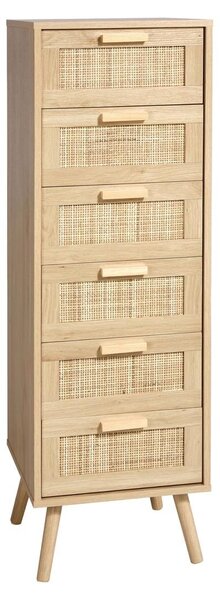 Prádelník ratanová komoda se šesti zásuvkami - Nočný stolík s dřevěnými nohami - 40 x 39,5 x 124,5 cm - Přírodní