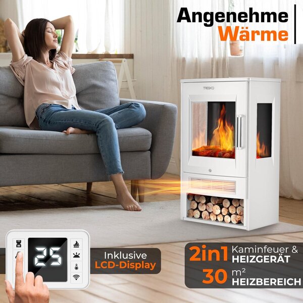 Elektrický krb 1800 W Smart Home černý - Krbová kamna s LED plamenem a ovládáním přes aplikaci - Stojící model - 1800 W - Pro obývací pokoj do 30 m²