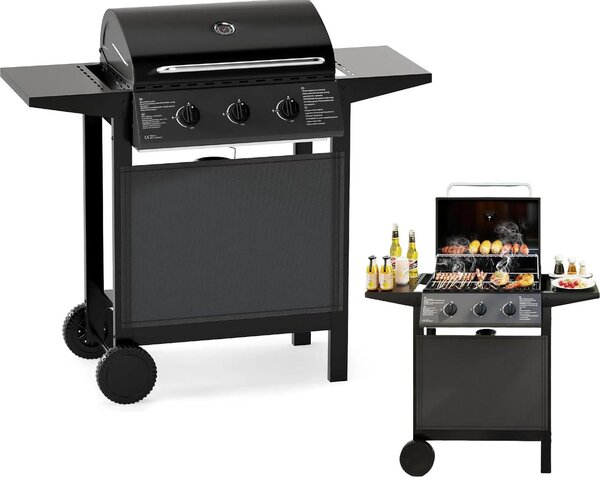 Plynový gril KOMFOTTEU se 3 hoáky a teplomrem, 24 000 BTU, venkovní gril, 2 boní desky, grilovací rot, 2 koleka, gril pro zahradu, kempování, dvr, 106 x 47 x 98 cm