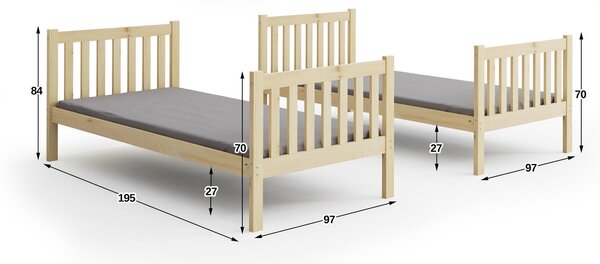 Dětská patrová postel KUBUS s matracemi a výsuvnou postelí 90x190 cm Borovice