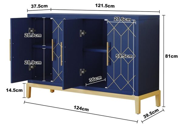 Komoda modrá - 4 dveře - 124 x 81 x 39,5 cm - Pro obývací pokoj a jídelnu