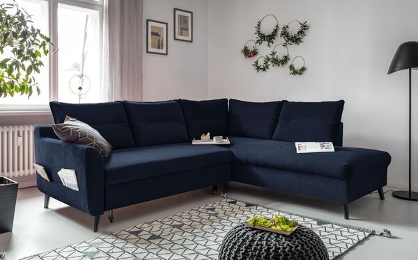 Tmavě modrá sametová rozkládací rohová pohovka Miuform Stylish Stan L, pravý roh