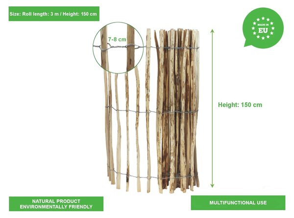 Zahradní plot z lískového dřeva - Plotová výplň - 150 cm výška - Pletený - Přírodní barva - 3 m délka - Na ohrádku zahrady, záhon, zahradu a rybník